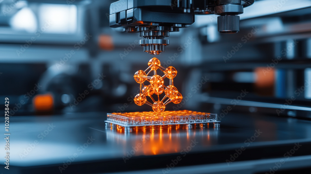 Poster molecular structure being built in 3d printer, showcasing advanced technology and innovation