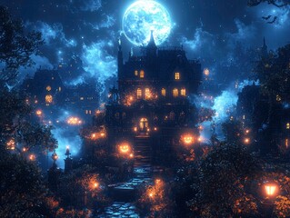 Obraz premium Halloween, the castle under the full moon