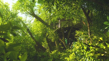 Obraz premium Enchanted American Countryside Adventure - Children Exploring Hidden Treehouse in Lush Forest with Cinematic Lighting