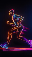 A dynamic figure of a runner depicted in vibrant neon lines, symbolizing speed and energy against a dark backdrop.