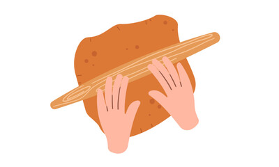 Kneading dough hands. Woman prepares homemade cookies. Top view. Cooking school. Flat vector illustration isolated on white background