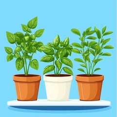 Obraz premium Three vibrant green plants in decorative pots on a shelf against a light blue background, perfect for home decor and gardening themes.
