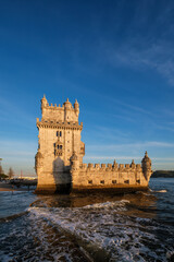 Belem Tower or Tower of St Vincent - famous tourist landmark of Lisboa and tourism attraction - on...