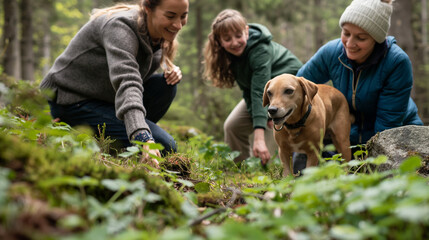 Family with children and a dog picking wild herbs in the forest, learning about nature conservation.