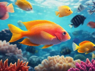 Fototapeta premium Vibrant underwater scene featuring colorful fish swimming among lively coral, showcasing marine biodiversity in a serene aquatic habitat.