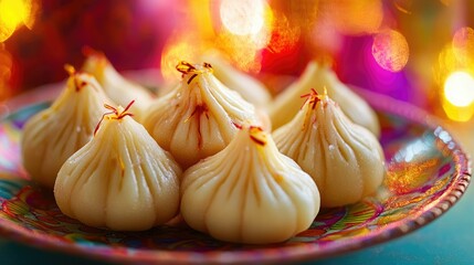 Obraz premium A plate of traditional Indian Modak sweets, delicately shaped and garnished with saffron strands, set against a colorful festive backdrop