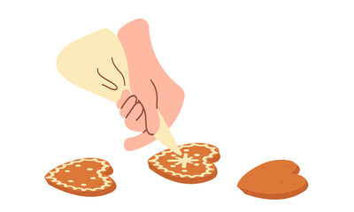 Cooking gingerbread set. View from above. Preparation and decoration of gingerbread cakes of different shapes. Top view. Illustrated vector clipart for winter holidays .Vector illustration isolate on