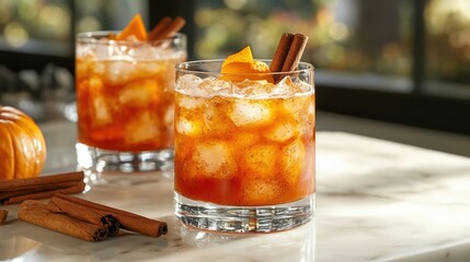 A refreshing pumpkin and orange spiced cocktail, elegantly garnished with cinnamon, inviting viewers to savor the flavors of autumn.