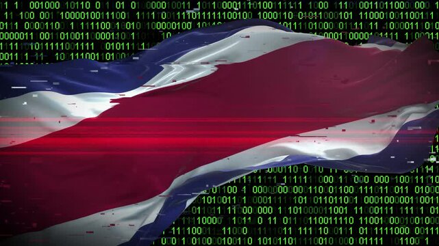 Binary code on flag of Costa Rica. Program source code or Hacker concept on Costa Rican flag. Costa Rica digital technology security, hacking or programming