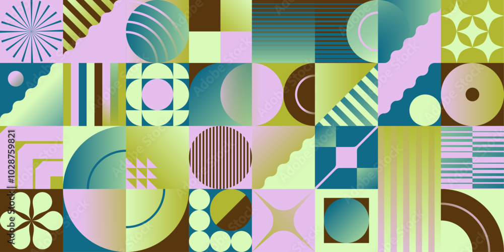 Poster colorful modern graphic art with vector geometric shapes and abstract forms.