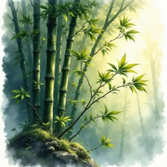 Bamboo Forest with Morning Mist .