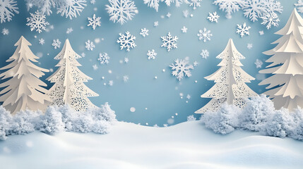 Fototapeta premium Winter wonderland with paper cut trees and snowflakes against a light blue background