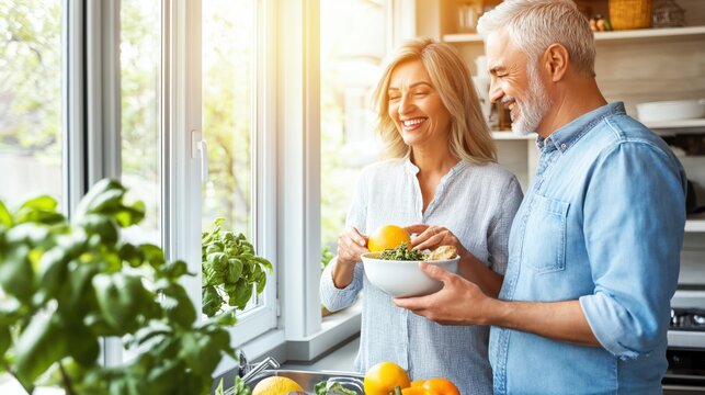A happy middle-aged couple enjoys cooking together in a cozy kitchen filled with natural light.