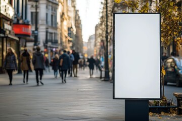 Vertical advertising panel on busy city street