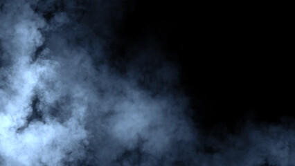 Abstract blue fire smoke misty fog on isolated black background. Texture overlays. Design element.