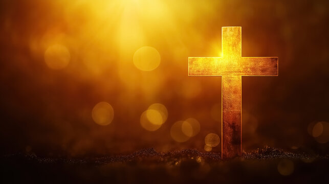 A shining gold cross on a warm, fuzzy background