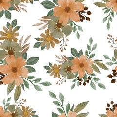 A floral pattern featuring soft orange and green flowers and leaves.