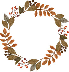 A circular wreath design featuring autumn leaves and berries.