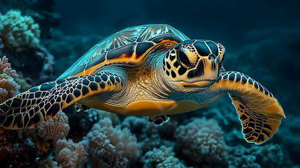 A vibrant sea turtle swimming gracefully through coral reefs.