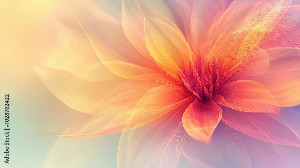 Poster a vibrant abstract flower blending seamlessly into a soft gradient background, providing an inviting