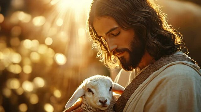 Jesus Christ holding a lamb, surrounded by golden rays of light, Christian video.