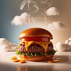 Delicious hamburger with beef bacon cheese and fresh vegetables 