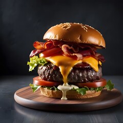 Delicious hamburger with beef bacon cheese and fresh vegetables isolated on a black background
