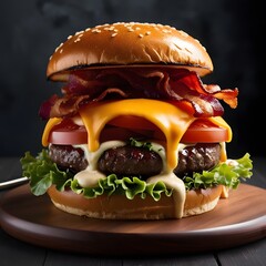 Delicious hamburger with beef bacon cheese and fresh vegetables isolated on a black background