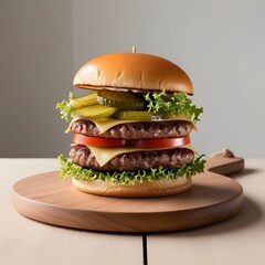Delicious hamburger with beef bacon cheese and fresh vegetables 