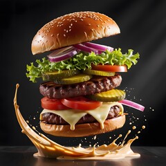 Delicious hamburger with beef bacon cheese and fresh vegetables isolated on a black background