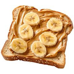 A slice of toast with banana slices and peanut butter on top