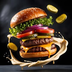 Delicious hamburger with beef bacon cheese and fresh vegetables isolated on a black background
