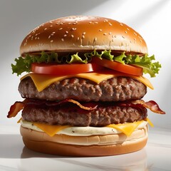 Delicious hamburger with beef bacon cheese and fresh vegetables 