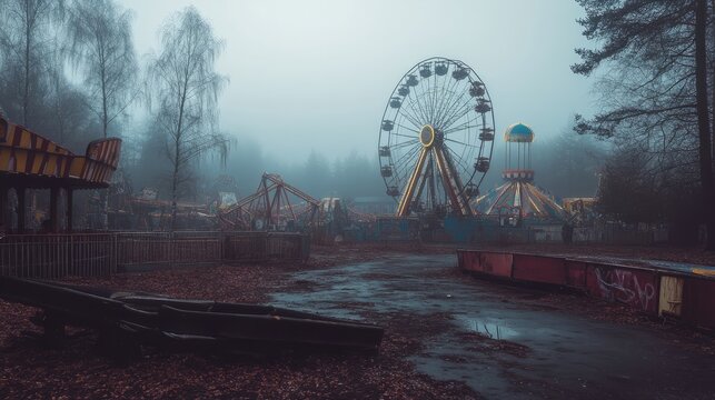 empty roller coaster in dark and spooky playground. scary halloween scene