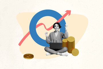 Creative picture collage young cheerful woman money finance economy increase earnings profit golden...