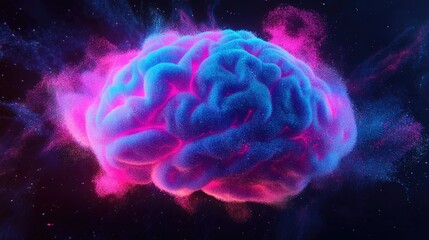 Abstract 3D powder explosion creating the silhouette of a human brain, using vivid blue, pink, and purple hues, on a dark background for a striking effect.