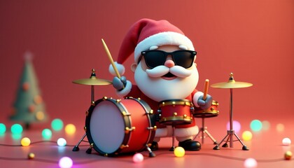 Santa Claus plays a drum set, adding a musical twist to the festive season. The colorful lights and holiday decorations create a cheerful Christmas concert scene.