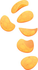 Cartoon potato chips falling. Vector golden, crispy potato vegetable chips with a slightly curved shape and crunchy texture floating mid-air. Fast food salty snack, junk food, take away appetizer meal