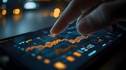 Naklejka premium 3D Close-Up of a Smartphone Displaying Real-Time Stock Trends with Hand Interaction - Emphasizing Financial Data Accessibility in the Digital Age