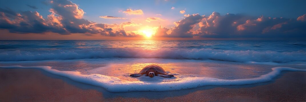 Sea turtle protection: Female turtle lays eggs on the beach A pregnant sea turtle laboriously makes its way to the sandy beach to lay its eggs as the sunset colors the sky. banner