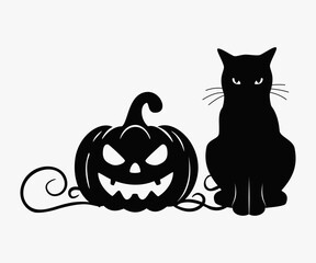 Czarny kot i dynia na Halloween. Wektorowa ilustracja. © Monika