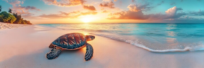 Sea turtle protection: Female turtle lays eggs on the beach A pregnant sea turtle laboriously makes its way to the sandy beach to lay its eggs as the sunset colors the sky. banner