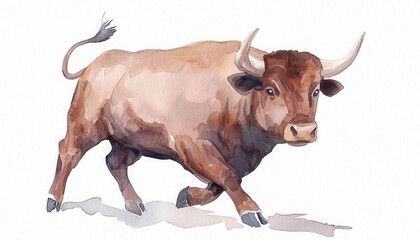 A brown watercolor bull walking on a white isolated background.