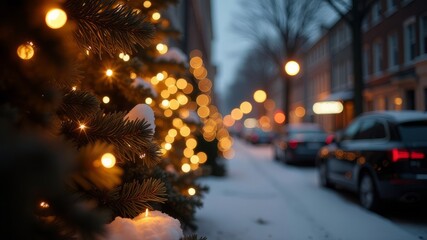 A blurred background with the outlines of the urban Christmas landscape: houses, cars, garlands, fir trees.