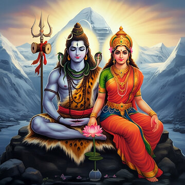 Lord Shiva and Goddess Parvati seated together on a mountain, with Shiva holding his trident, symbolizing their divine union