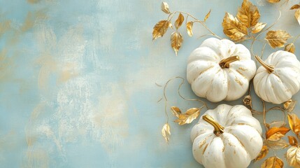 An artistic composition of stylized white and gold pumpkins with delicate gold leaves on a soft blue canvas, ideal for thank you cards.