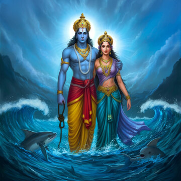Lord Shiva and Parvati walking hand in hand through the waves, symbolizing their power to control the elements
