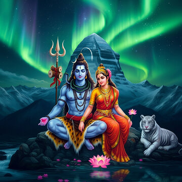 Lord Shiva and Goddess Parvati sitting together under the aurora borealis, with a tiger by their side, embodying strength and serenity in a peaceful mountain setting