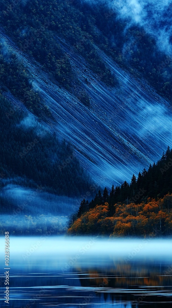 Poster a serene lake with fog rolling in, creating a mystical atmosphere. the mountains in the background a