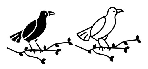 Linear icon. Halloween big black raven sits on a branch in cemetery. Bearer of bad news. Simple black and white vector isolated on white background